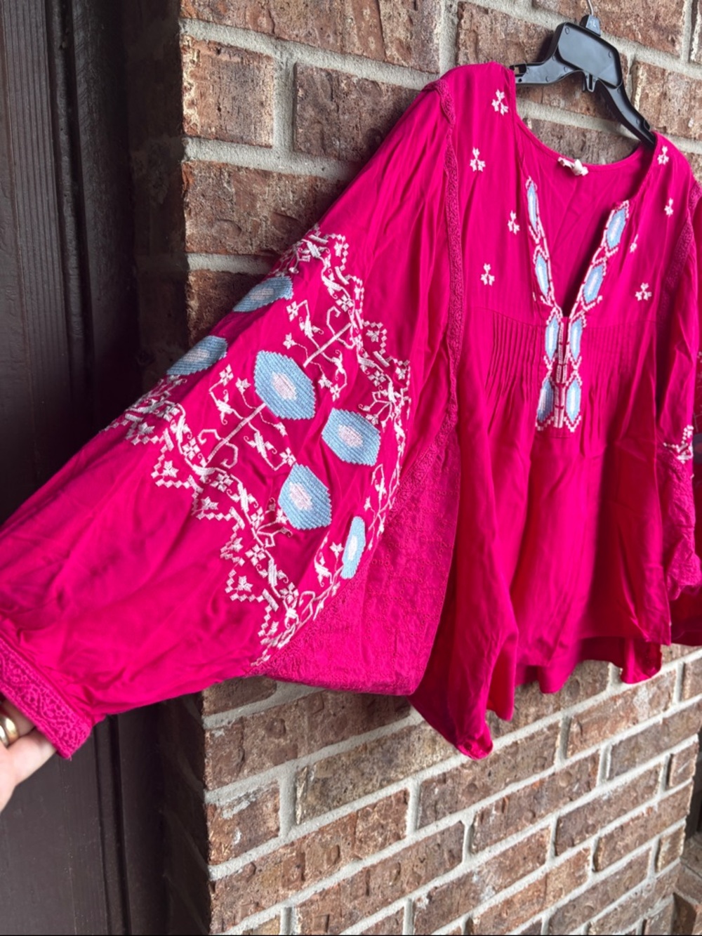 Easel Embroidered Boho Peasant Top - Pink - Picture 4 of 8